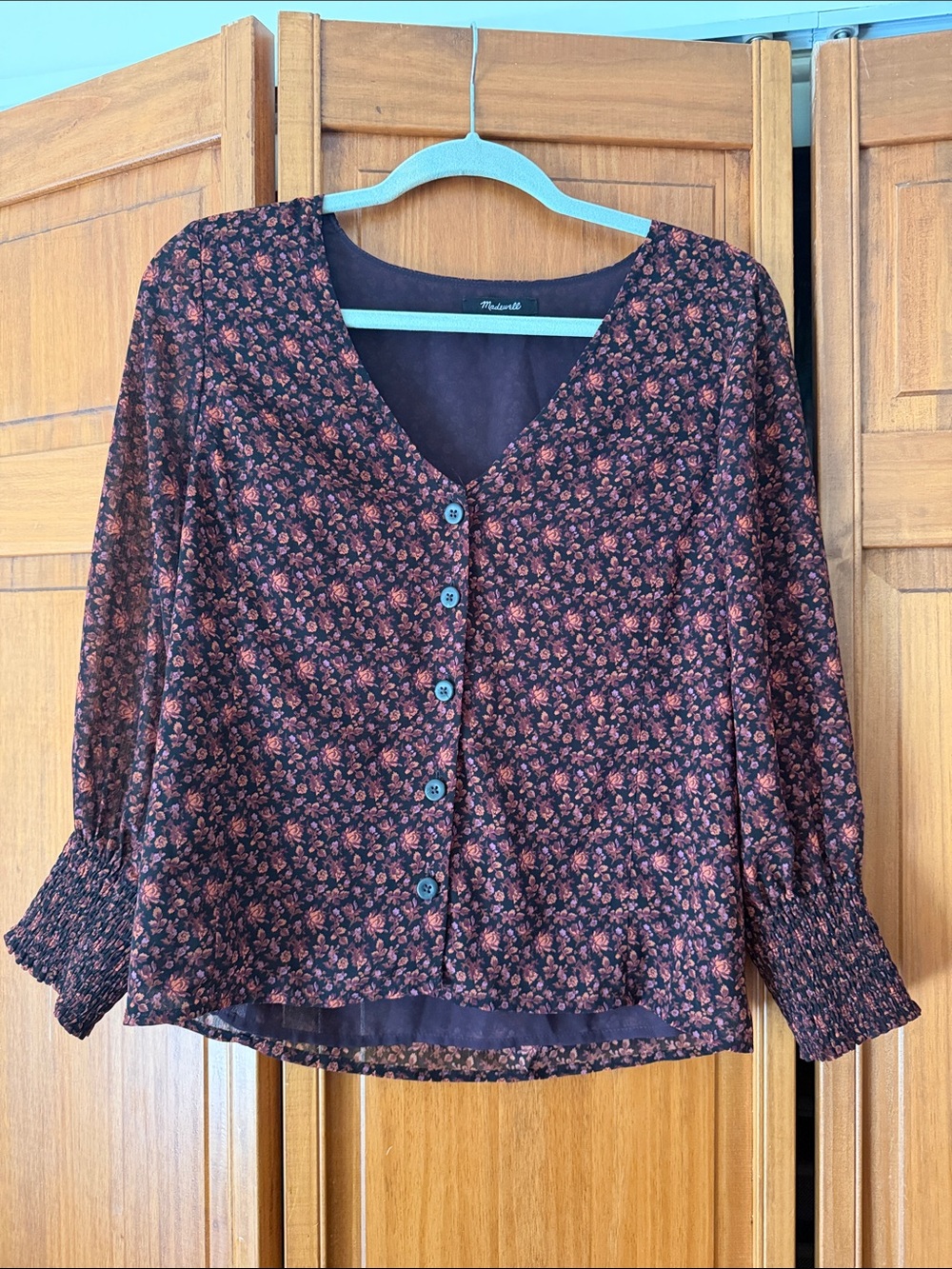 Madewell Black Blouse with Dusty Rose Floral Print